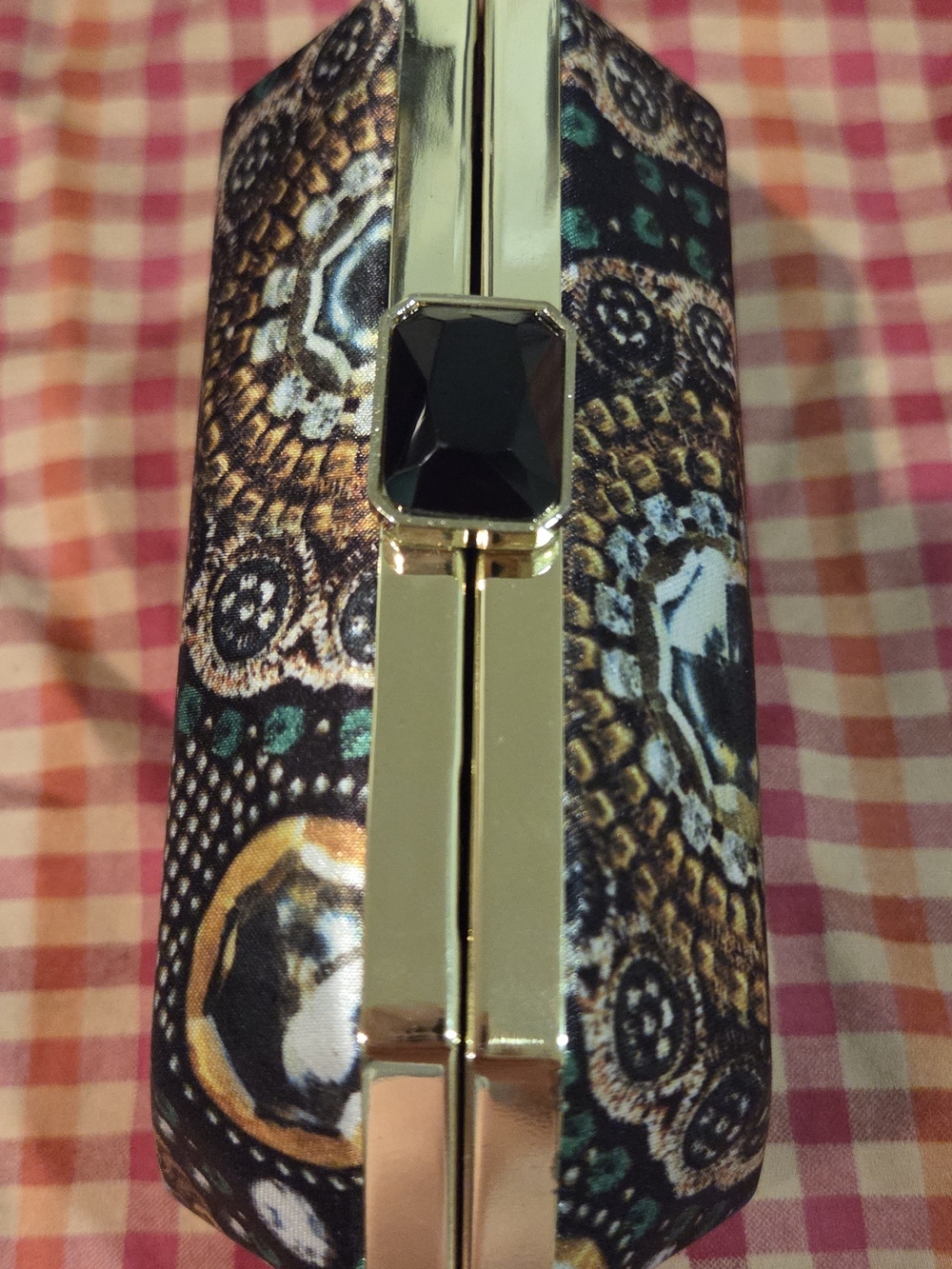 Nine West Gold-Trim Multicolored Patterned Clutch with Black Gem